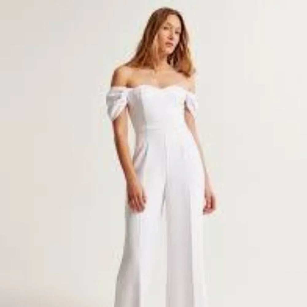 Abercrombie Women Jumpsuit Small Petite White Bridal Off Shoulder Wide Leg